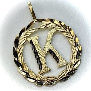 14K Solid Round Gold Initial Letter K Pendant